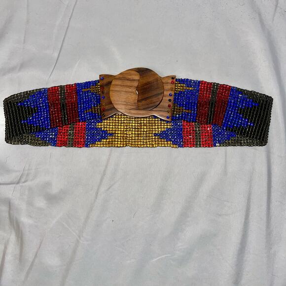 Beaded Belt Blue Yellow Red Handmade Wooden Buckle Vintage VTG Tribal - Picture 8 of 8